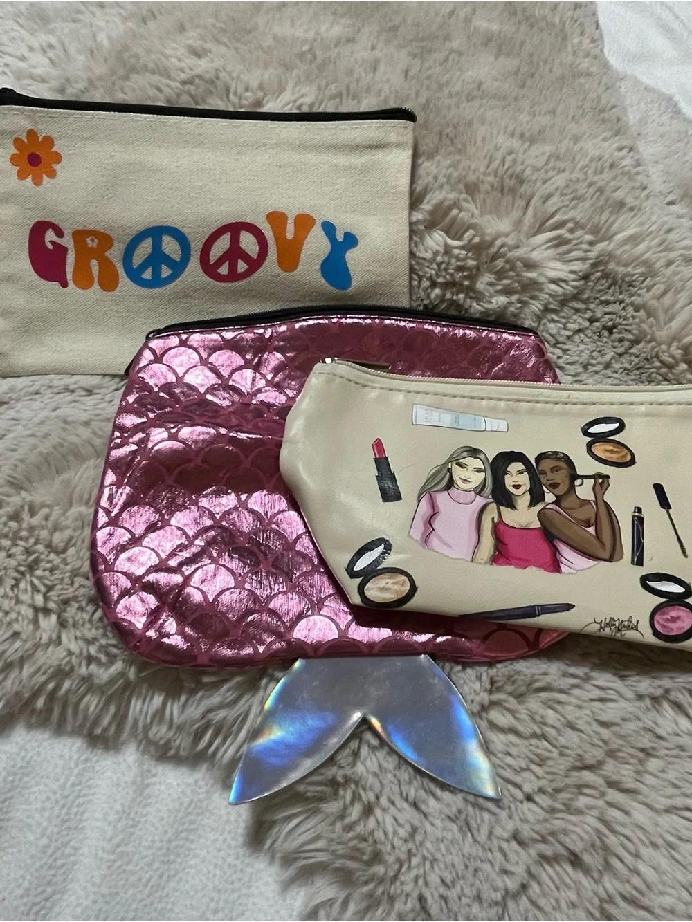 Makeup Bag Trio w/ Groovy Canvas Pouch, mermaid pouch 02-03R